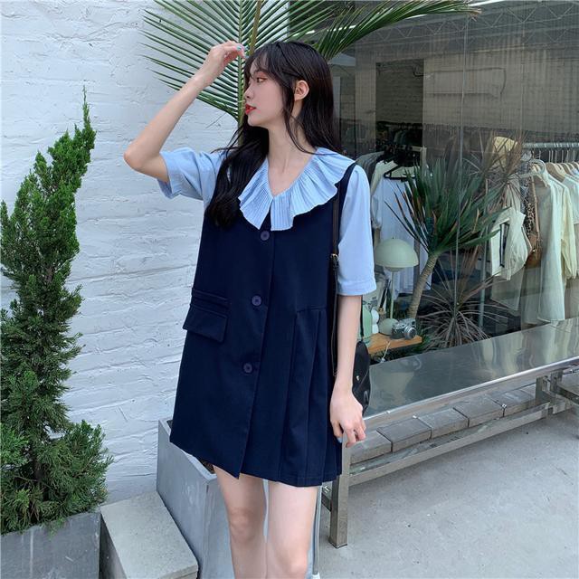 thiết kế mới mùa hè năm 2021, cổ áo búp bê xếp li kiểu Pháp điển, phong cách phương Tây, sơ mi và váy hai mảnh