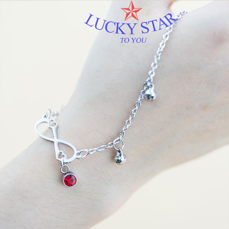 Lắc chân chuông trái tim vô cực gắn đá đỏ may mắn ý nghĩa