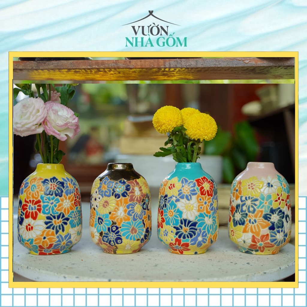 Bình gốm cắm hoa để bàn khắc thủ công Bách Hoa cổ màu, tượng trưng may mắn, tài lộc, phú quý- Vườn Nhà Gốm