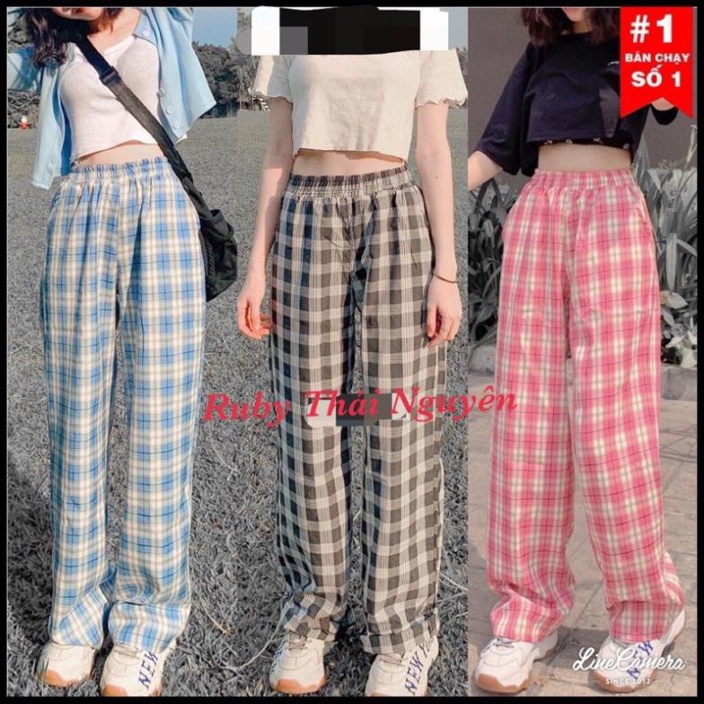 [Rẻ Vô Địch Quần Kẻ Nữ Caro Lưng Cao Dáng Rộng Ống Suông ulzzang