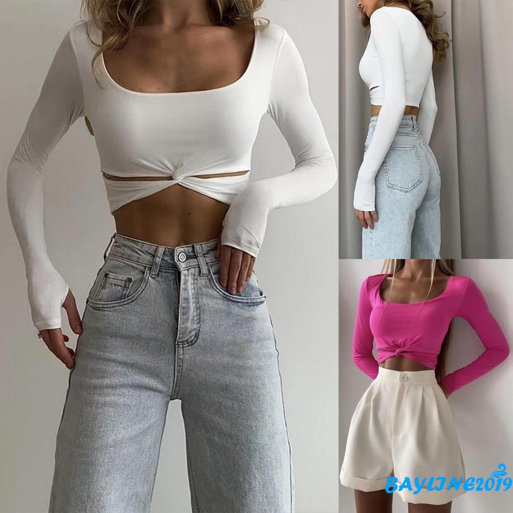 Áo Croptop Tay Dài Cổ Vuông Màu Sắc Đơn Giản Cho Nữ