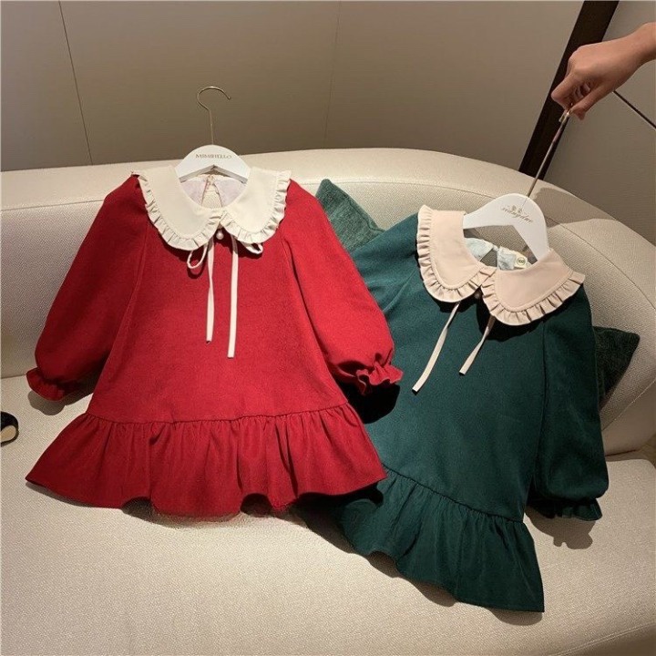 Đầm Bé Gái Thu Đông Cho Bé Từ 10 Đến 30kg Cực Đẹp, Đầm Cho Bé Dài Tay Họa Tiết Dáng Xòe Cổ Sen , Chất Liệu Nhung Cực Mềm