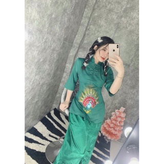 đồ lam đi chùa thiêu  công  chất liệu lụa pháp