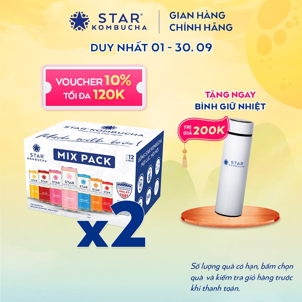 Combo 2 thùng 12 lon trà STAR KOMBUCHA mix vị (250ml/lon)