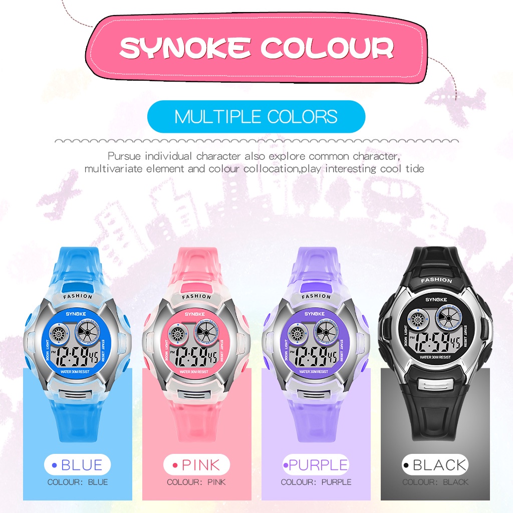 Đồng hồ em bé SYNOKE Đèn LED chống nước Lịch phát sáng Đồng hồ báo thức Đồng hồ thể thao ngoài trời kỹ thuật số