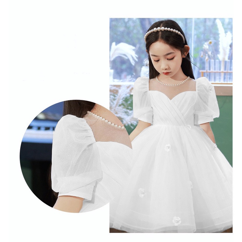 Váy công chúa bé gái thiết kế cao cấp cho bé đi dự tiệc phù dâu từ 3 đến 12 tuổi ngắn tay bồng màu trắng DBG102