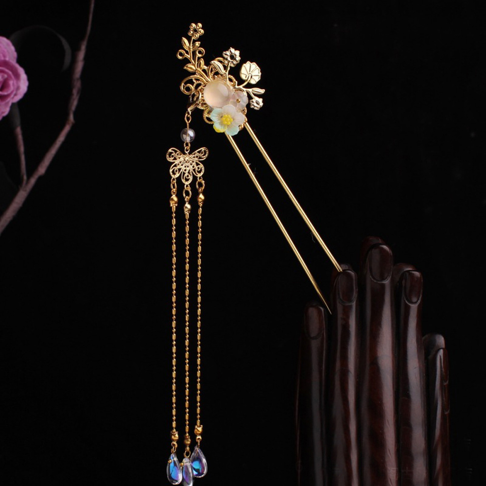 Trâm cài tóc đính ngọc trai giả phối tua rua phong cách Trung hoa cổ điển thời trang dành cho cô dâu