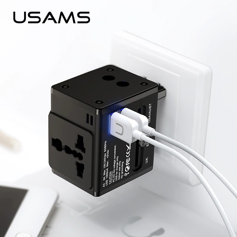 Adapter sạc nhanh du lịch Hỗ trợ 2 cổng sạc tiêu chuần 1A đa năng hiệu USAMS T2 - Hàng chính hãng