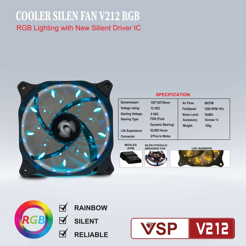 Fan case 12cm VSP V212 Led RGB (Tự Chuyển màu)