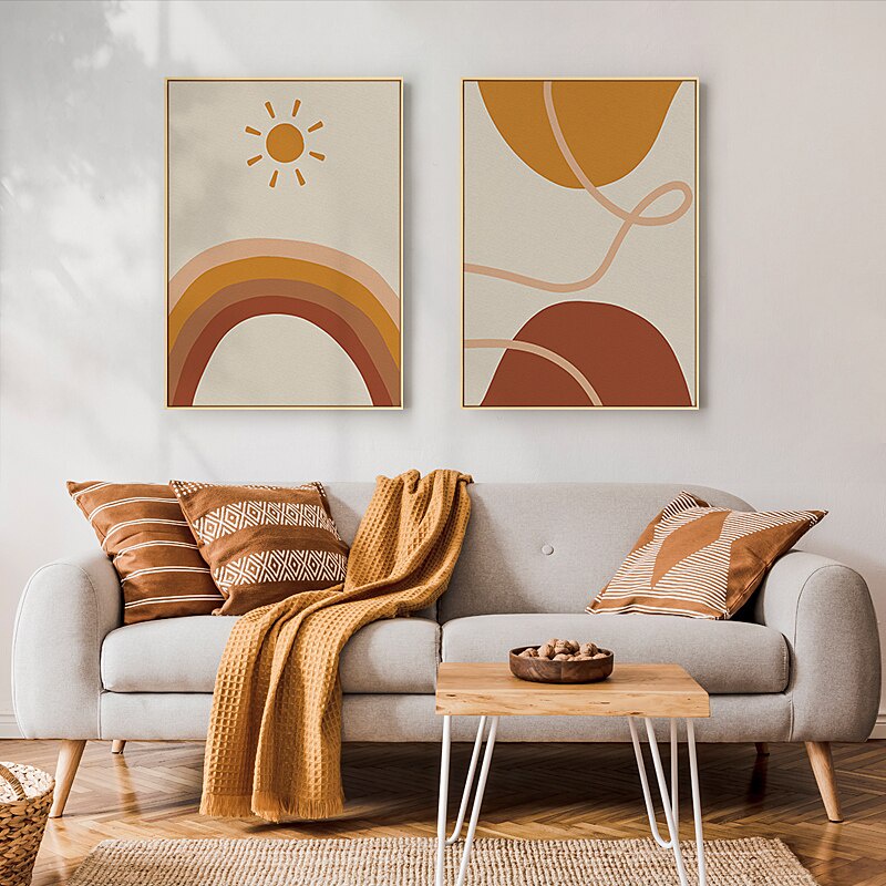 （Khung tranh gỗ rắn）Tóm tắt dòng tranh áp phích nghệ thuật tranh canvas mặt trời Boho phong cảnh tường nghệ thuật in hình ảnh hiện đại cho phòng khách trên tường trang trí nội thất