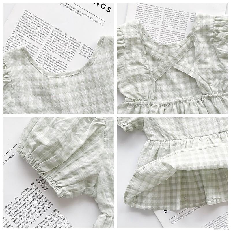 Áo kiểu ngắn tay phối hoạ tiết sọc caro đáng yêu cho bé gái