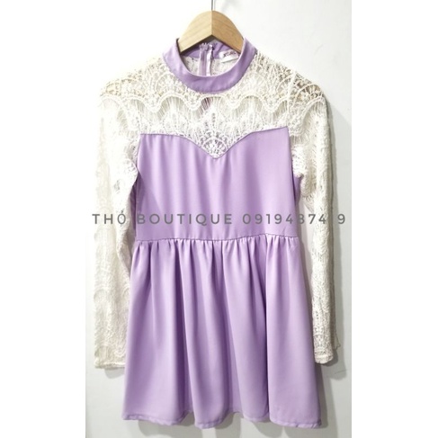 Đầm vintage ngắn xoè XGRL tiểu thư form A tay dài ren trắng cổ tròn tím hoa cà