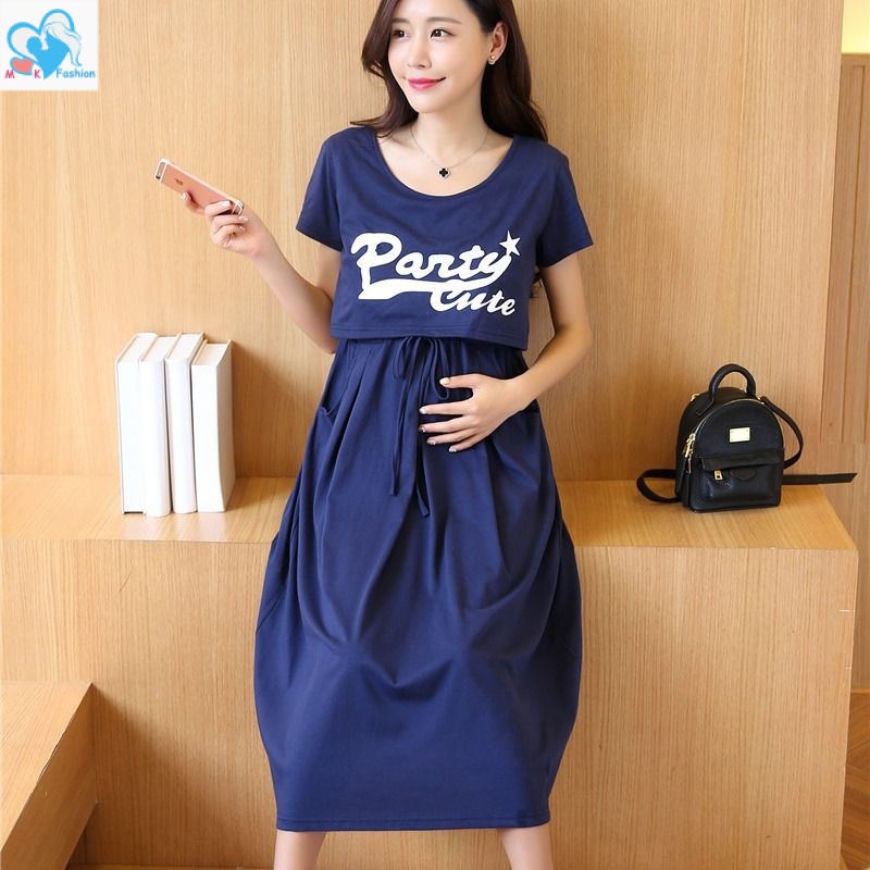 Đầm Tay Ngắn Dáng Rộng Thời Trang Phong Cách Hàn Quốc Cho Mẹ Bầu