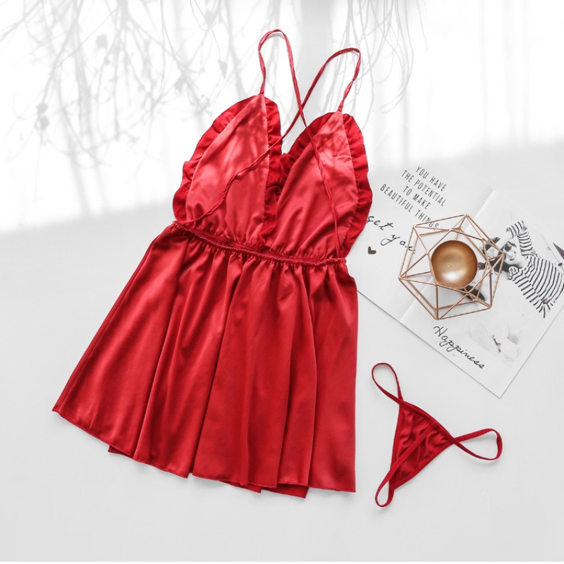 Đầm Ngủ Lụa Phối Ren Cổ Chữ V Gợi Cảm Cho Nữ