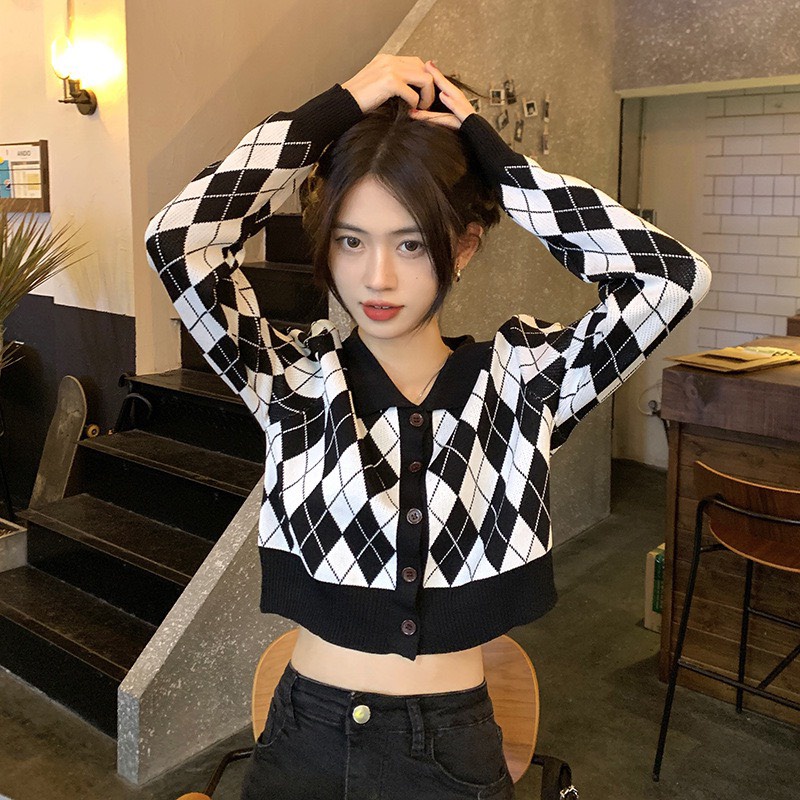 Áo cardigan nữ thời trang quảng châu phối màu đen trắng họa tiết hình trám dễ thương min.strore365