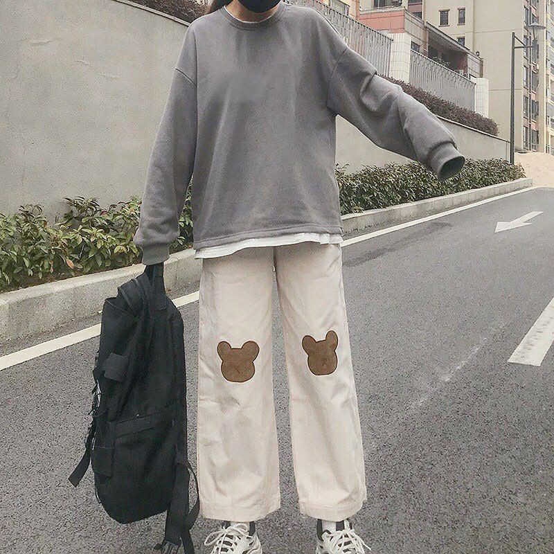 Quần ống suông Kaki thêu Gấu form unisex (Ảnh thật)