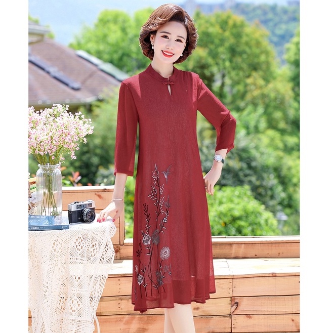Đầm Trung Niên D395, Mẫu Đầm Cho Mẹ Trung Niên Chất Chiffon Form Rộng Tay Lỡ Sang Trọng | Thời Trang Trung Niên U50+