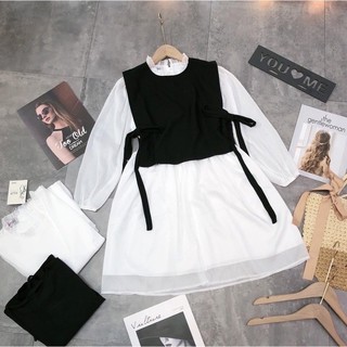 Set váy áo gile buộc nơ eo dáng babydoll