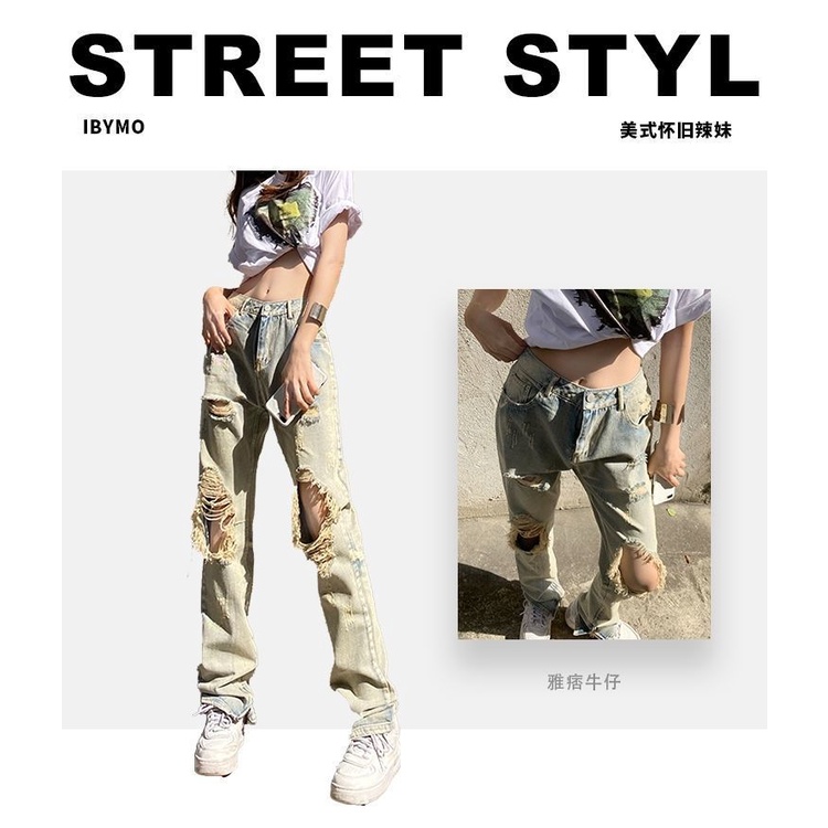 Quần Jean Nữ Cạp Cao Ống Đứng Rách Gối Phong Cách Đường Phố Mỹ Thời Trang