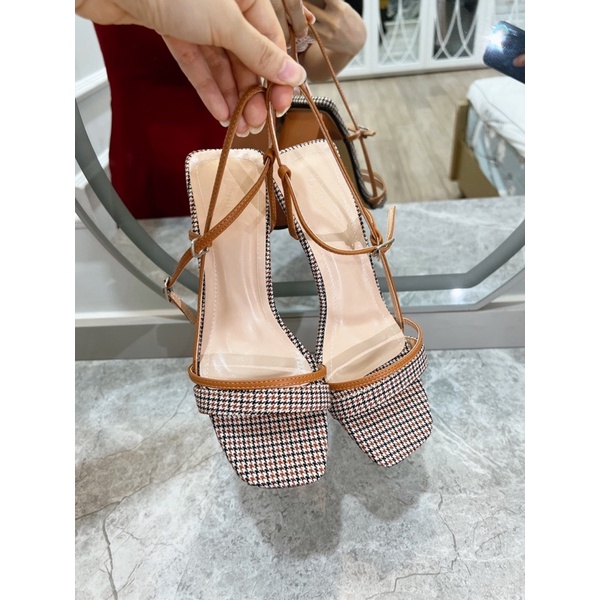 Sandal công sở phối màu độc lạ - sandal dây caro đẹp lạ gót 5p xuất sắc -01