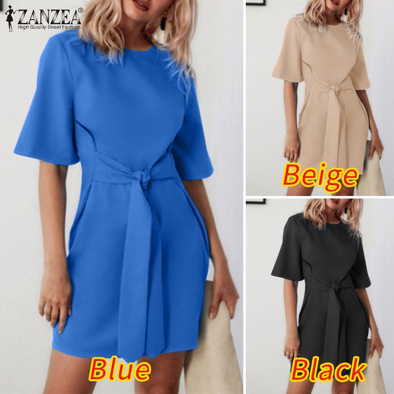 Đầm ZANZEA tay ngắn cổ tròn thắt nơ phong cách đường phố châu Âu thời trang dành cho nữ