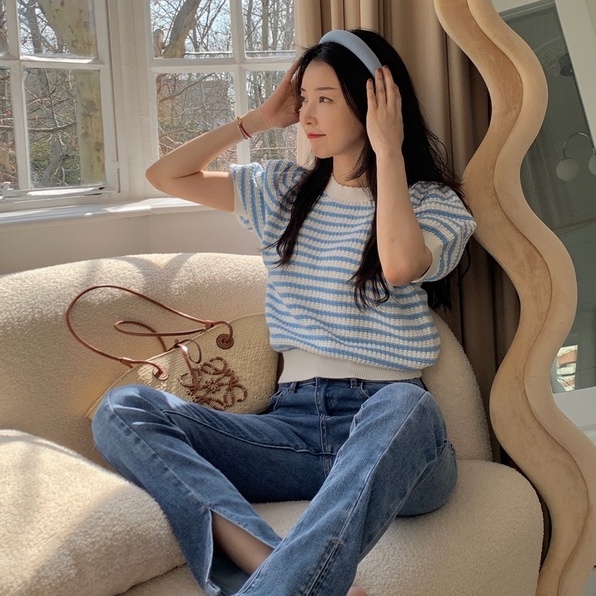 Áo thun ZHELIHANGFEI vải dệt kim tay ngắn phồng kẻ sọc màu cầu vồng dễ thương