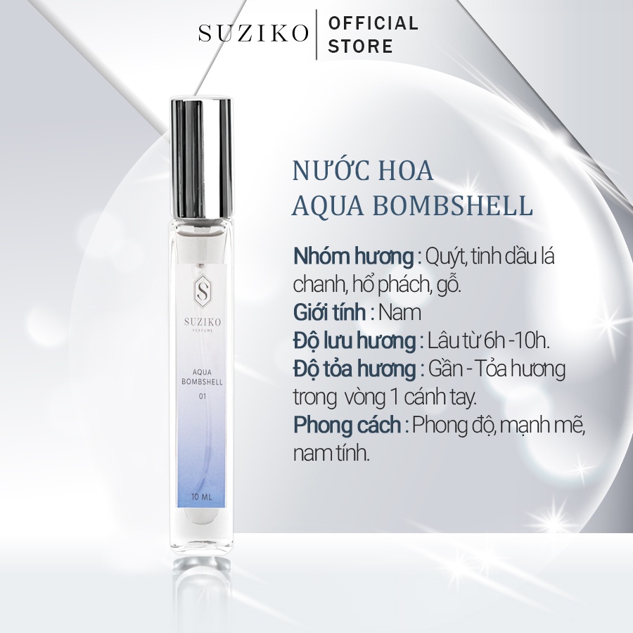 Nước hoa nam Suziko Aqua bombshell phong độ, mạnh mẽ. Nước hoa mini 10ml dạng xịt tiện lợi