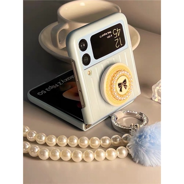 Ốp Samsung Z Flip 3 / ZFlip3 / Z Flip3 màu xanh popsocket nơ kèm ring và dây móc bông