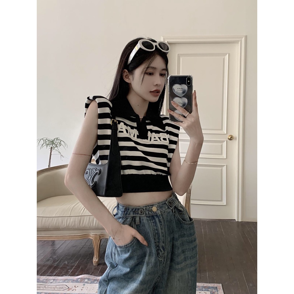Áo POLO Dệt Kim Trễ Vai Kẻ Sọc Ôm Dáng Thời Trang Hàn Quốc Cho Nữ