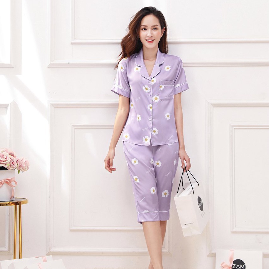 Bộ đồ ngủ satin ZAM Luxury - SLA25 - Áo ngắn tay quần lửng hoạ tiết