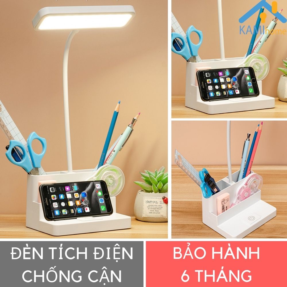 Đèn học để bàn sạc tích điện chống cận thị cho trẻ em có Giá kê điện thoại và cắm bút hình Vuông KM 36024a