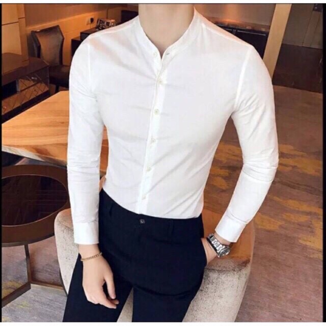 Áo sơ mi nam Gấu 194 cổ trụ - tàu tay dài vải coton lụa mềm co dãn, ít nhăn - form slimfit sang trọng cao cấp