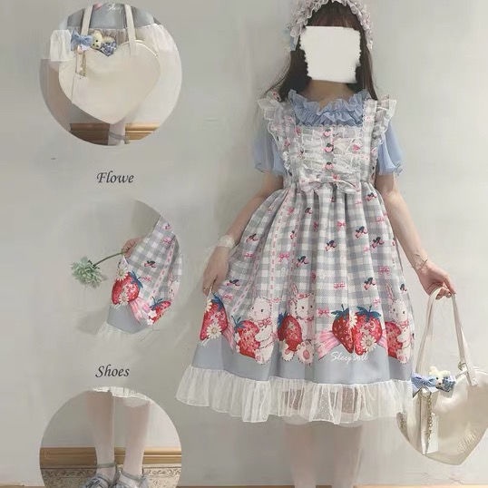 Đầm Lolita Phối Ren Họa Tiết Dâu Tây Xinh Xắn Phong Cách Vintage