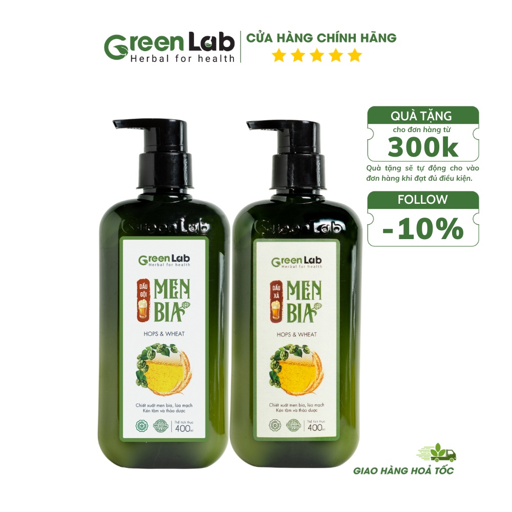 Bộ dầu gội, dầu xả Men Bia GreenLab sạch gàu, phục hồi cao cấp 400ml/1chai