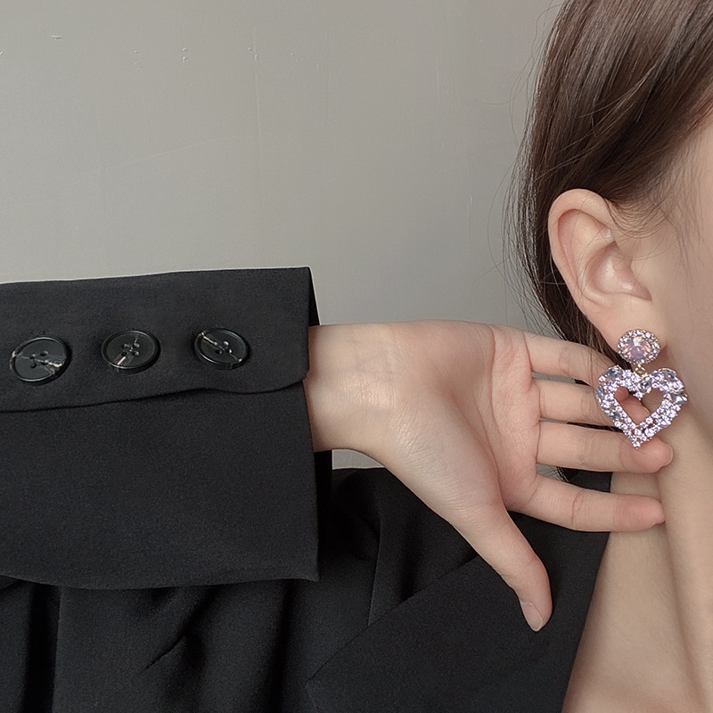 Khuyên Tai Hình Trái Tim Đính Đá Pha Lê Tím Sang Trọng Phong Cách Thời Trang Phổ Biến