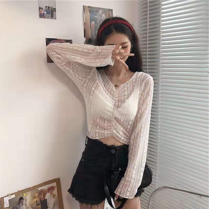 ZHELIHANGFEI Áo Thun Dài Tay Chống Nắng Lưng Cao Phối Ren Quyến Rũ Thời Trang