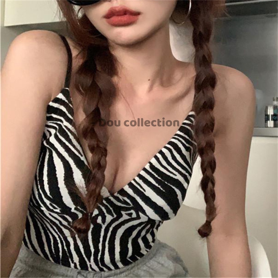 Áo Hai Dây Cổ V Họa Tiết Vằn Dáng Croptop Co Giãn Phong Cách Hàn Quốc - Dou Collection - Mã TA037