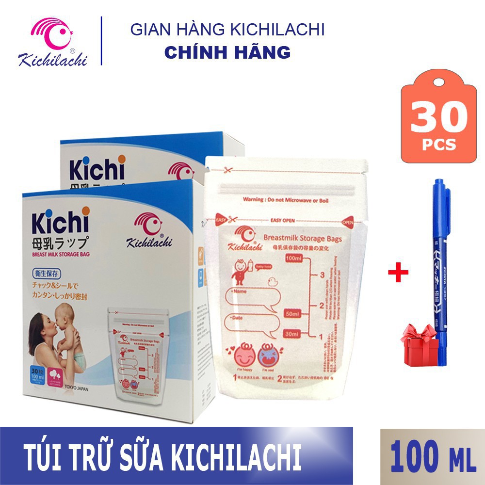 (TẶNG BÚT) Hộp 30 Túi trữ sữa cảm biến nhiệt Kichilachi Kichi 100ml