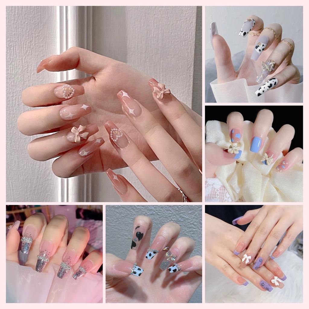Bộ 24 Móng Tay Giả Đính Nơ Dễ Thương Thời Trang Kiểu Pháp