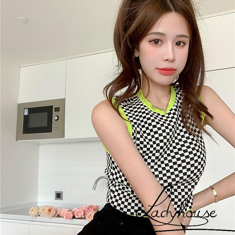 Áo croptop không tay họa tiết sọc caro thời trang mùa hè cho nữ