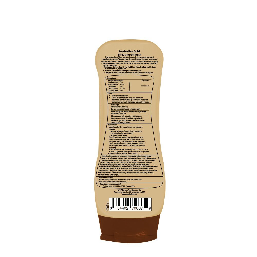 Kem chống nắng &amp; nhuộm da nâu Australian Gold Sunscreen Lotion with Kona Coffee Infused Bronzer 237ml (Mỹ)