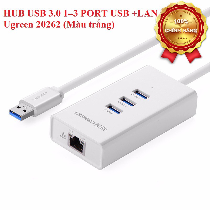 Bộ chia HUB USB 3.0 1–3 PORT USB +LAN 10/100Mbps Ugreen 20262 (Màu trắng)