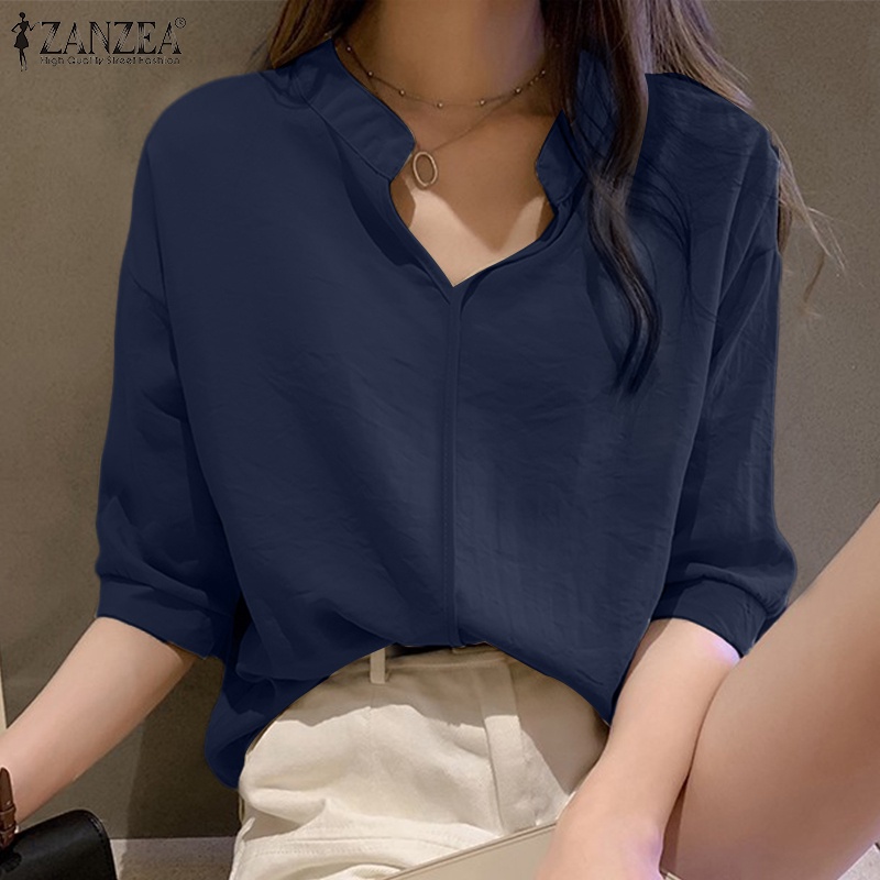 Áo ZANZEA tay lửng cổ chữ V màu trơn thời trang dành cho nữ