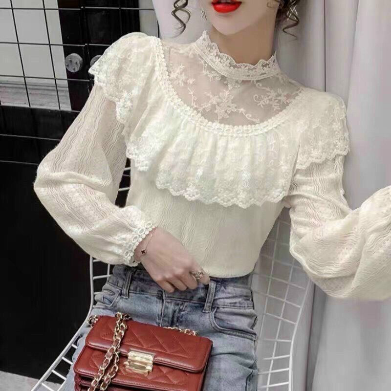 Áo sơ mi ren cổ trụ ren viền tiểu thư