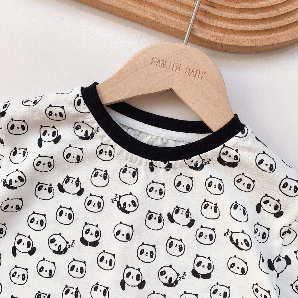 Bộ Áo Liền Quần Cotton Tay Ngắn In Họa Tiết Gấu Trúc Hoạt Hình Cho Bé Trai &amp; Gái 0-24 Tháng Tuổi