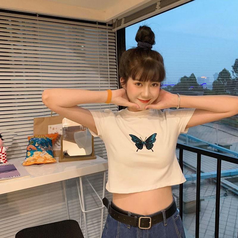Áo Thun Tay Ngắn Thêu Hình Bướm Phong Cách Retro Hàn Quốc