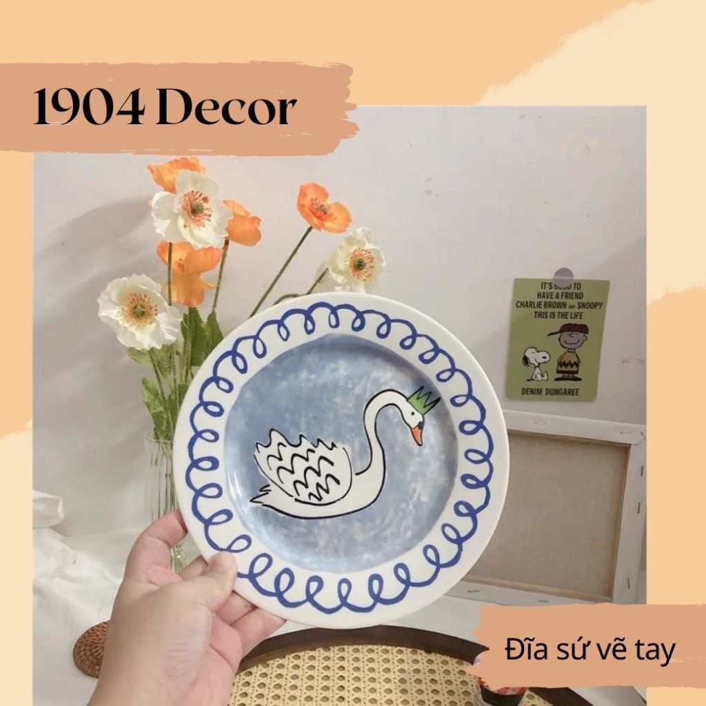 Đĩa sứ decor vẽ tay hoạ tiết thiên nga phong cách ins - 1904 DECOR