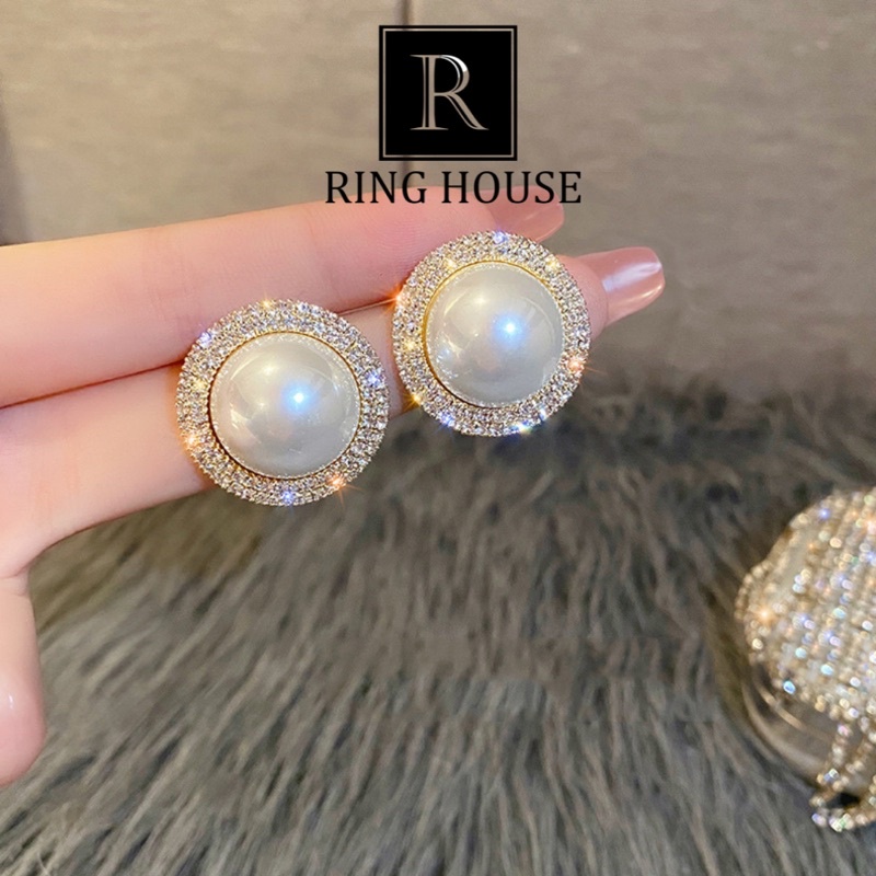 E1 Bông Tai Khuyên Tai Nữ Tròn Hạt Trai Viền Ngọc Sáng Đẹp