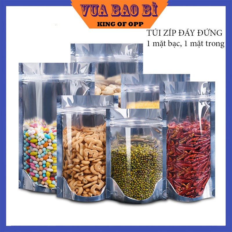 Túi zip đáy đứng 1 một mặt bạc, 1 mặt trong, túi trong suốt, KING OF OPP