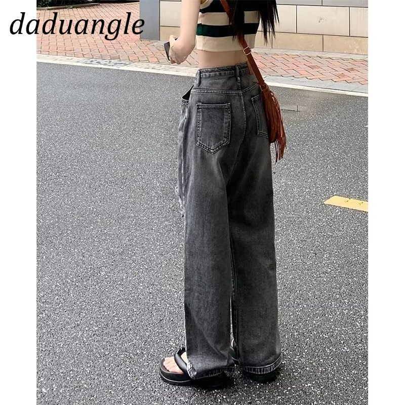 Quần jean Daduhey lưng cao ống rộng kiểu rách thời trang ins retro Mỹ cho nữ